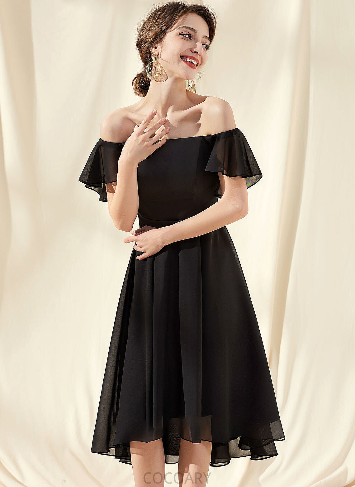 Asymmetrical Length Neckline Silhouette Embellishment Off-the-Shoulder A-Line Fabric CascadingRuffles Dahlia V-Neck Sheath/Column Bridesmaid Dresses