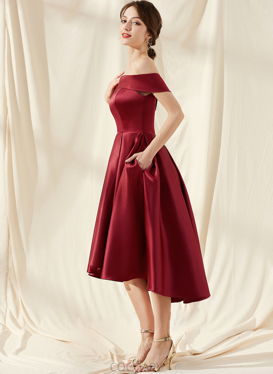 Fabric Neckline Embellishment Off-the-Shoulder Silhouette Pockets Length Asymmetrical A-Line Elisabeth Sleeveless Straps Bridesmaid Dresses