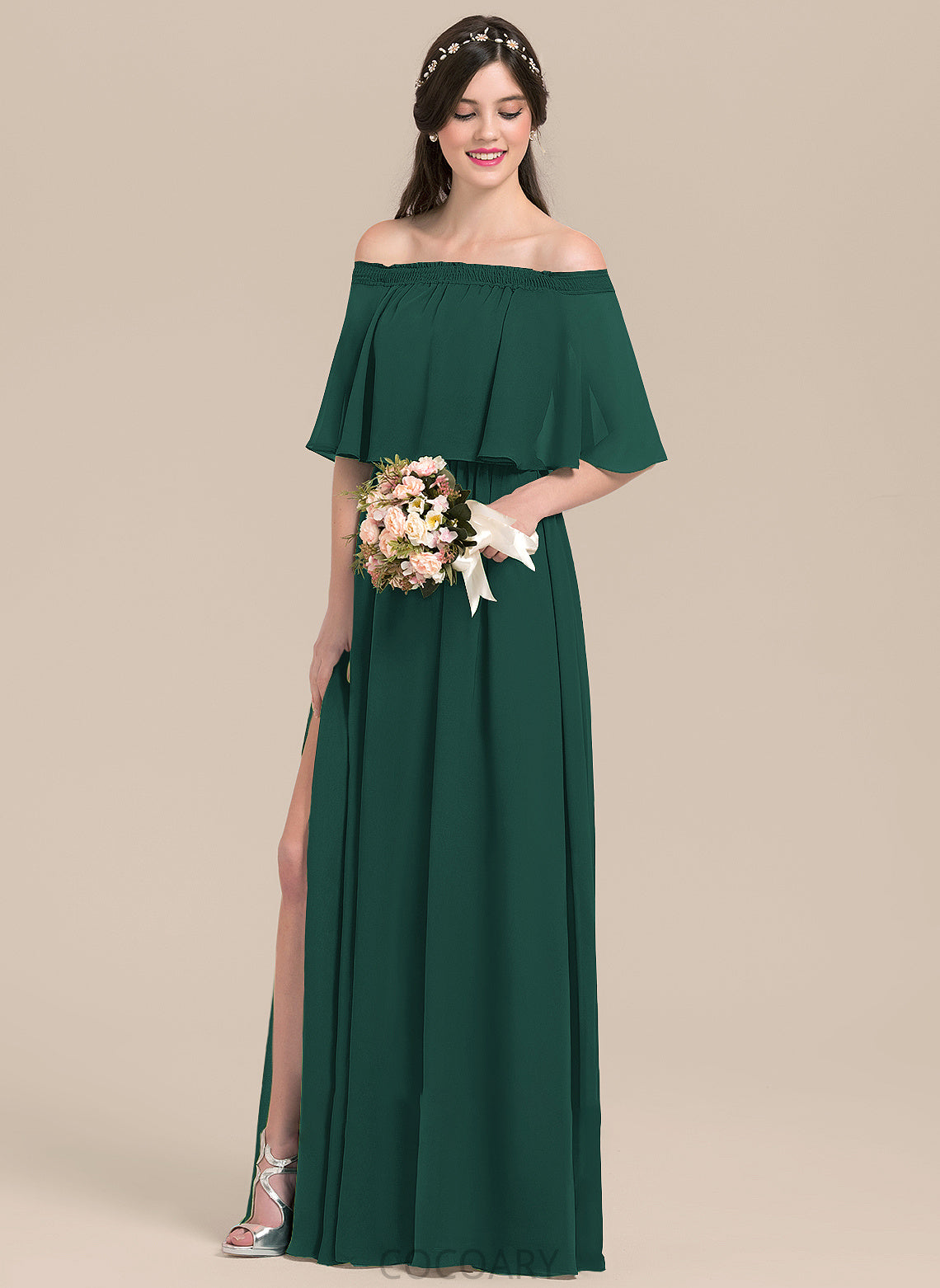 Floor-Length Off-the-Shoulder A-Line Embellishment Fabric Length Neckline SplitFront Silhouette Nellie A-Line/Princess Floor Length Bridesmaid Dresses