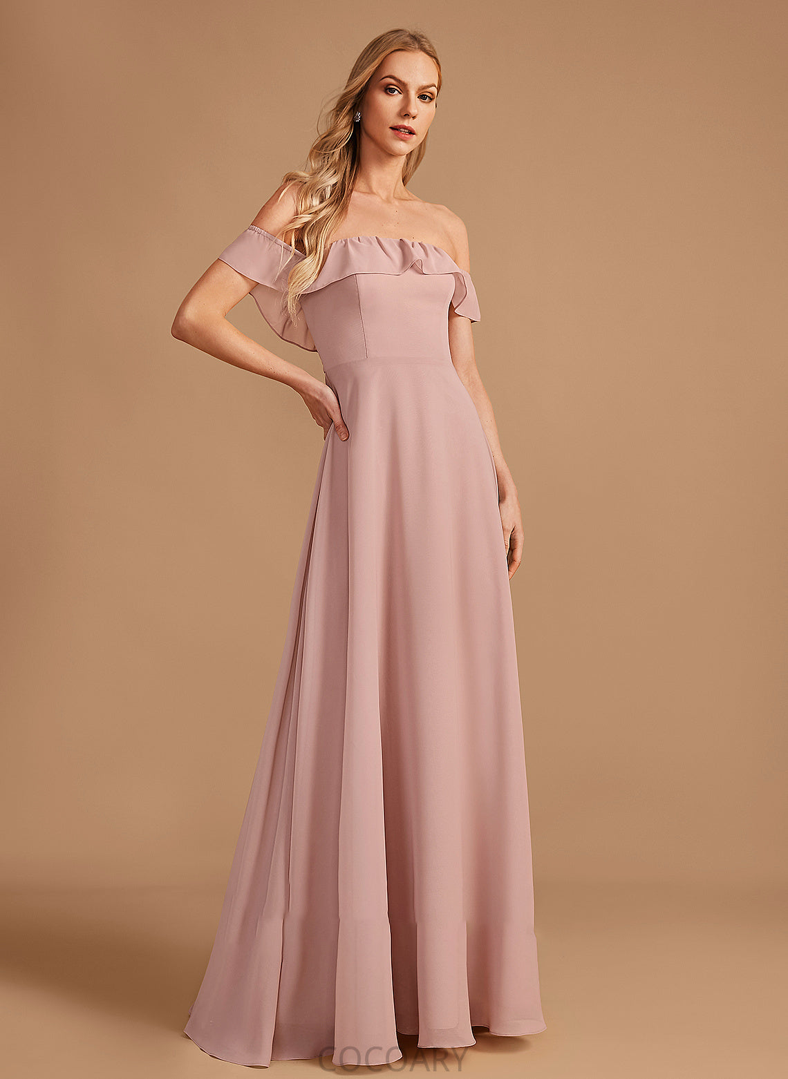 Length A-Line Ruffle Floor-Length Off-the-Shoulder Embellishment Fabric Silhouette Neckline Samantha Floor Length Natural Waist Bridesmaid Dresses