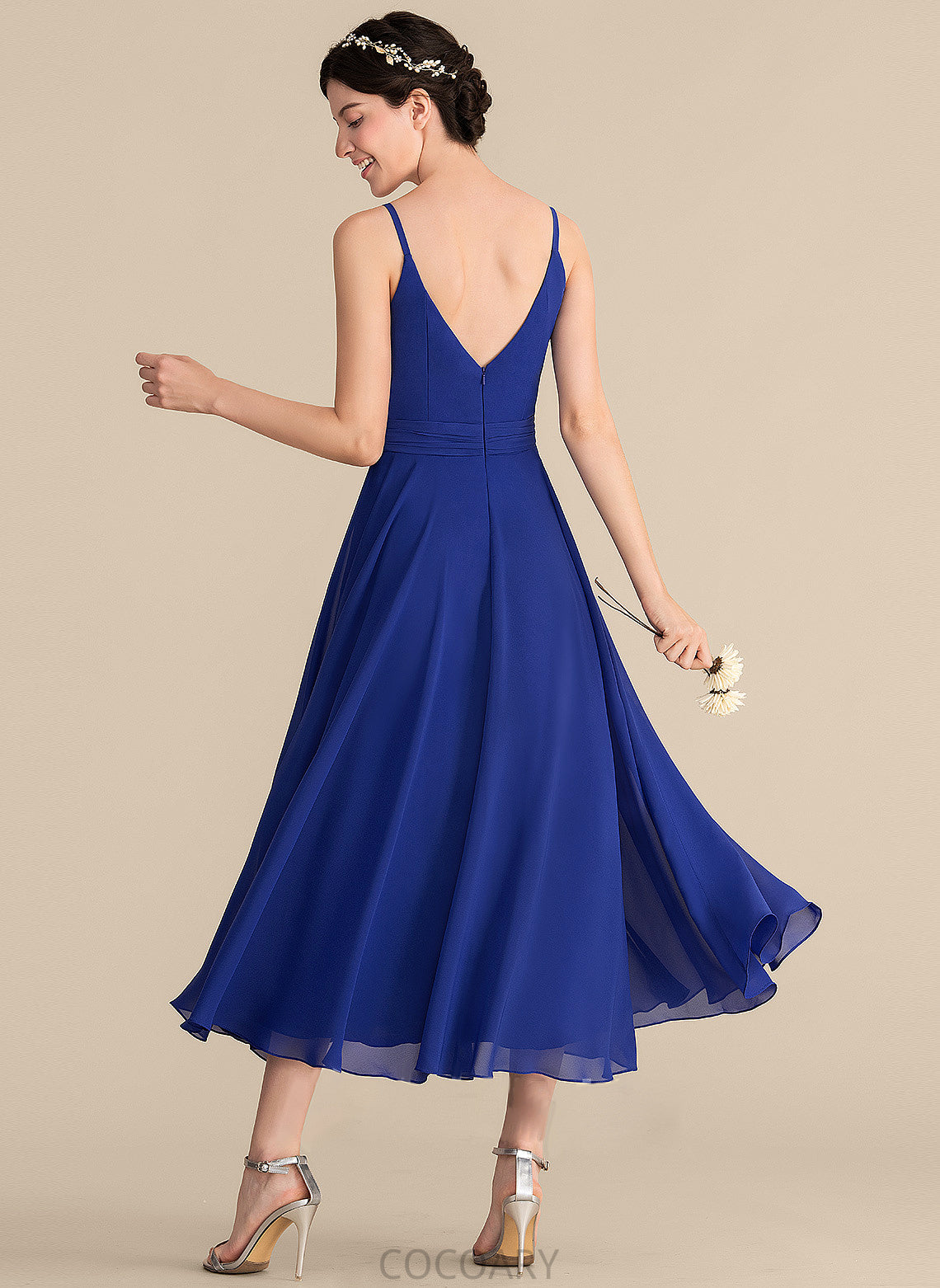 Tea-Length Neckline Silhouette Fabric Length Ruffle A-Line Bow(s) Embellishment V-neck Madilyn Sleeveless Bridesmaid Dresses