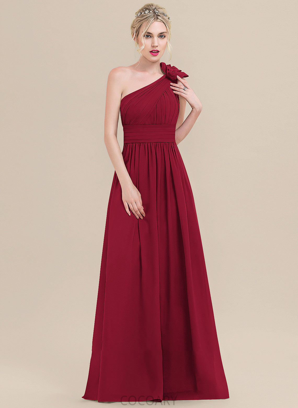 One-Shoulder Neckline Ruffle Floor-Length Flower(s) Length Fabric A-Line Embellishment Silhouette Willa A-Line/Princess Bridesmaid Dresses