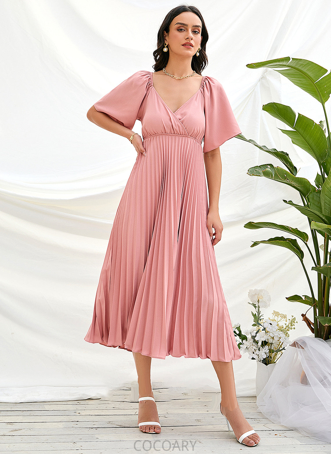 Length Tea-Length A-Line Fabric Embellishment V-neck Pleated Neckline Silhouette Janey Floor Length V-Neck Bridesmaid Dresses