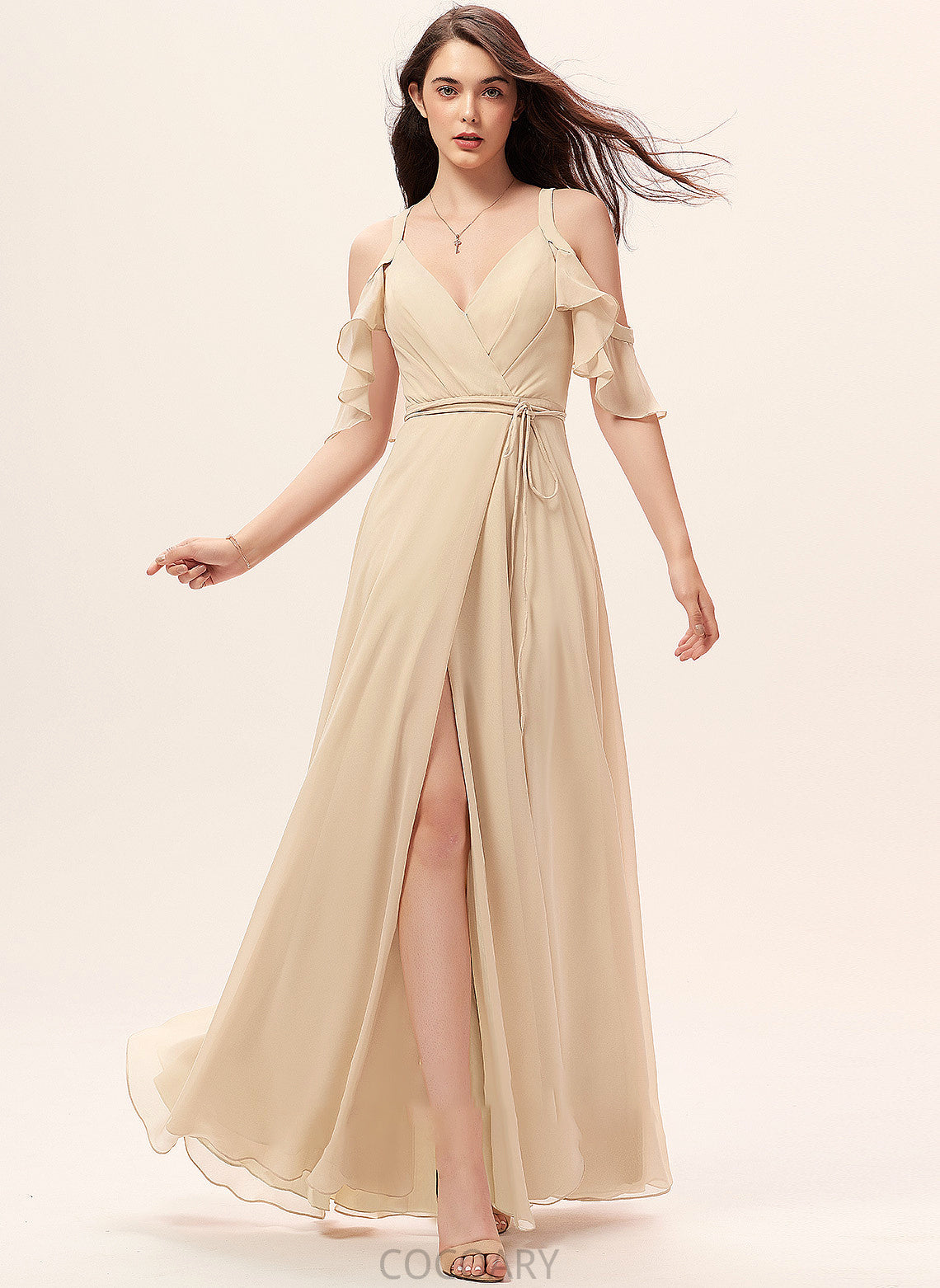 Floor-Length A-Line Fabric Neckline Embellishment SplitFront Silhouette Ruffle V-neck Length Clare V-Neck Bridesmaid Dresses