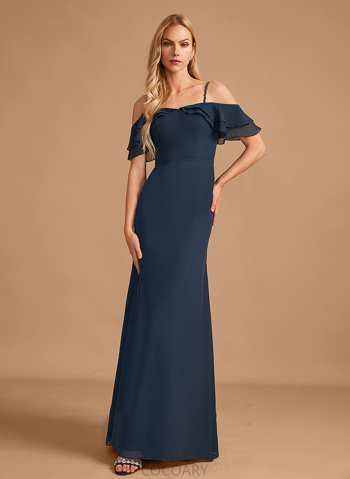 Sheath/Column Length Floor-Length Embellishment Fabric Beading Ruffle Off-the-Shoulder Silhouette Neckline Kyla A-Line/Princess Bridesmaid Dresses