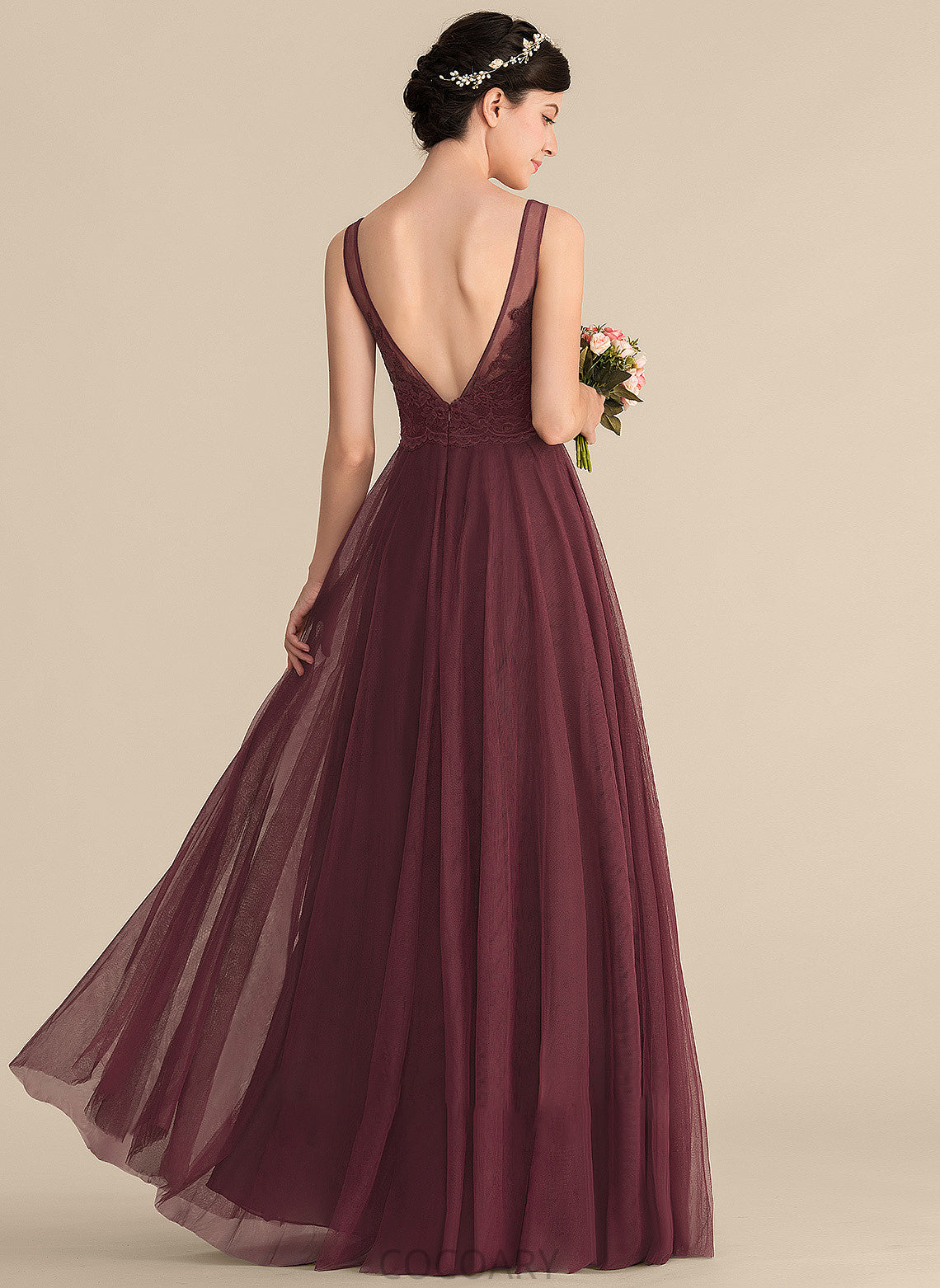 Length Silhouette V-neck A-Line Floor-Length Neckline Straps Lace Tulle Fabric Skyla Floor Length Bridesmaid Dresses