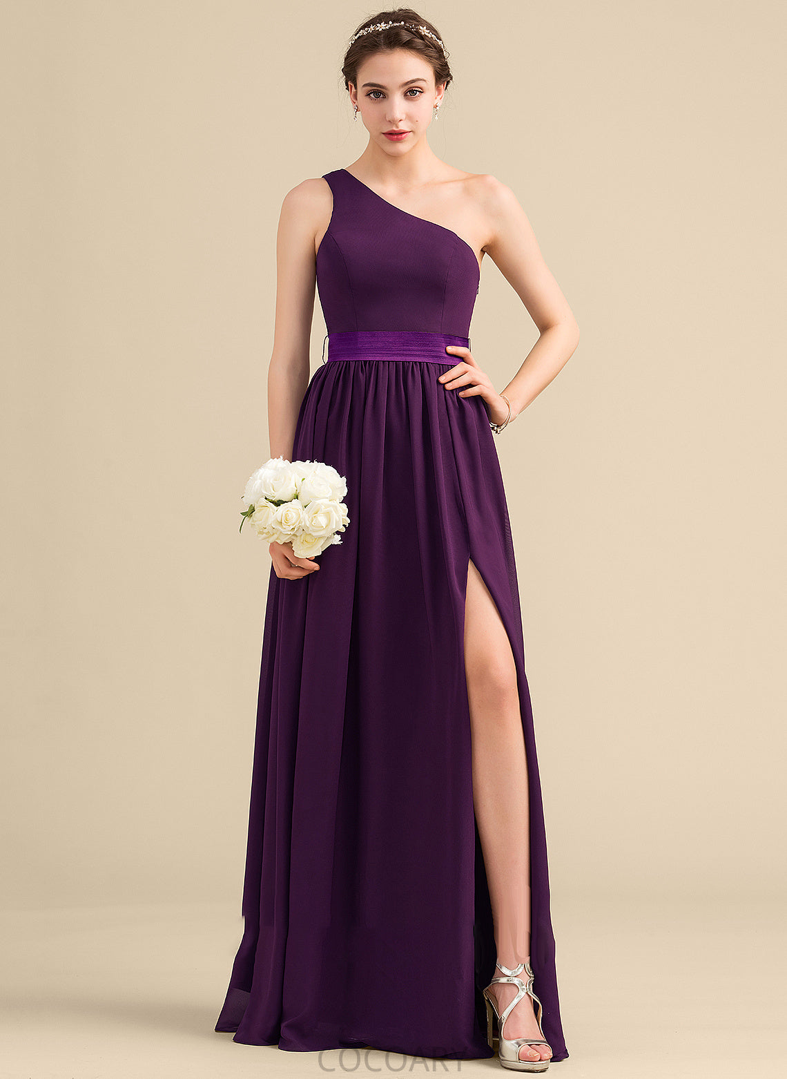 Floor-Length One-Shoulder Silhouette Neckline A-Line SplitFront Embellishment Ruffle Fabric Length Camila Straps Bridesmaid Dresses