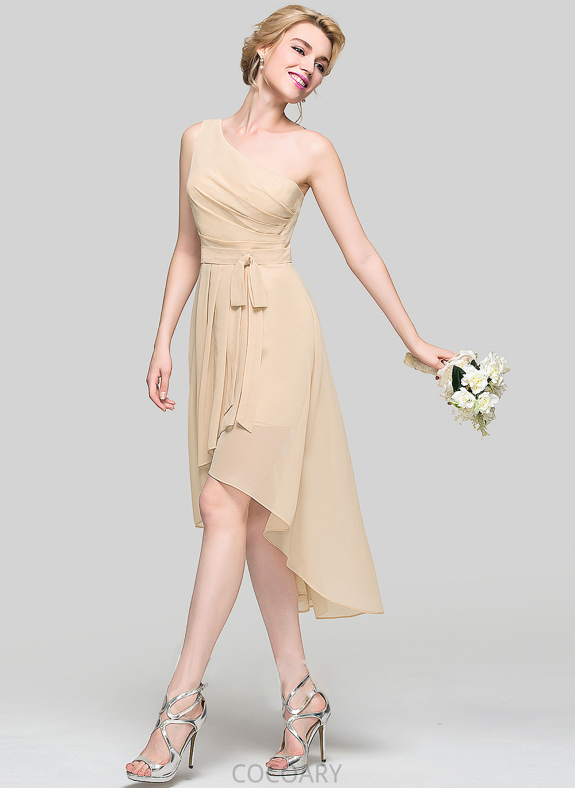 Bow(s) Silhouette One-Shoulder Fabric Length Asymmetrical A-Line CascadingRuffles Ruffle Embellishment Neckline Mireya Bridesmaid Dresses