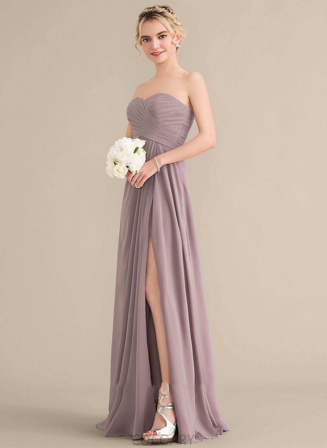 Length Silhouette Neckline SplitFront Fabric Ruffle Embellishment A-Line Floor-Length Sweetheart Avery Straps Bridesmaid Dresses