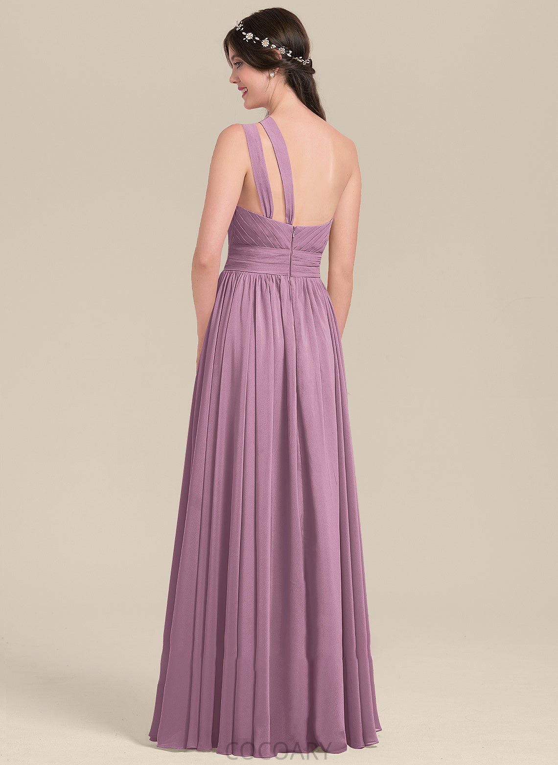 Silhouette Neckline One-Shoulder Embellishment Floor-Length A-Line Fabric Length Ruffle Mira Spaghetti Staps Satin Bridesmaid Dresses