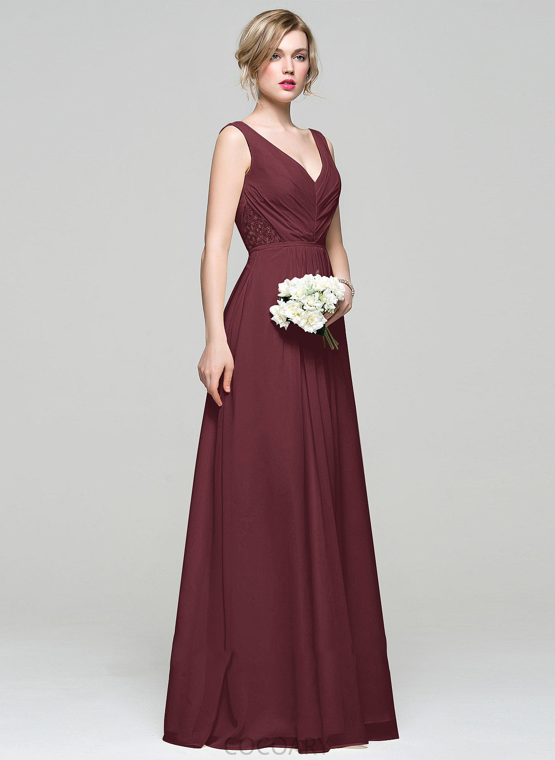 Fabric Lace Floor-Length Embellishment Beading V-neck Ruffle Length Sequins Neckline Silhouette A-Line Bridesmaid Dresses