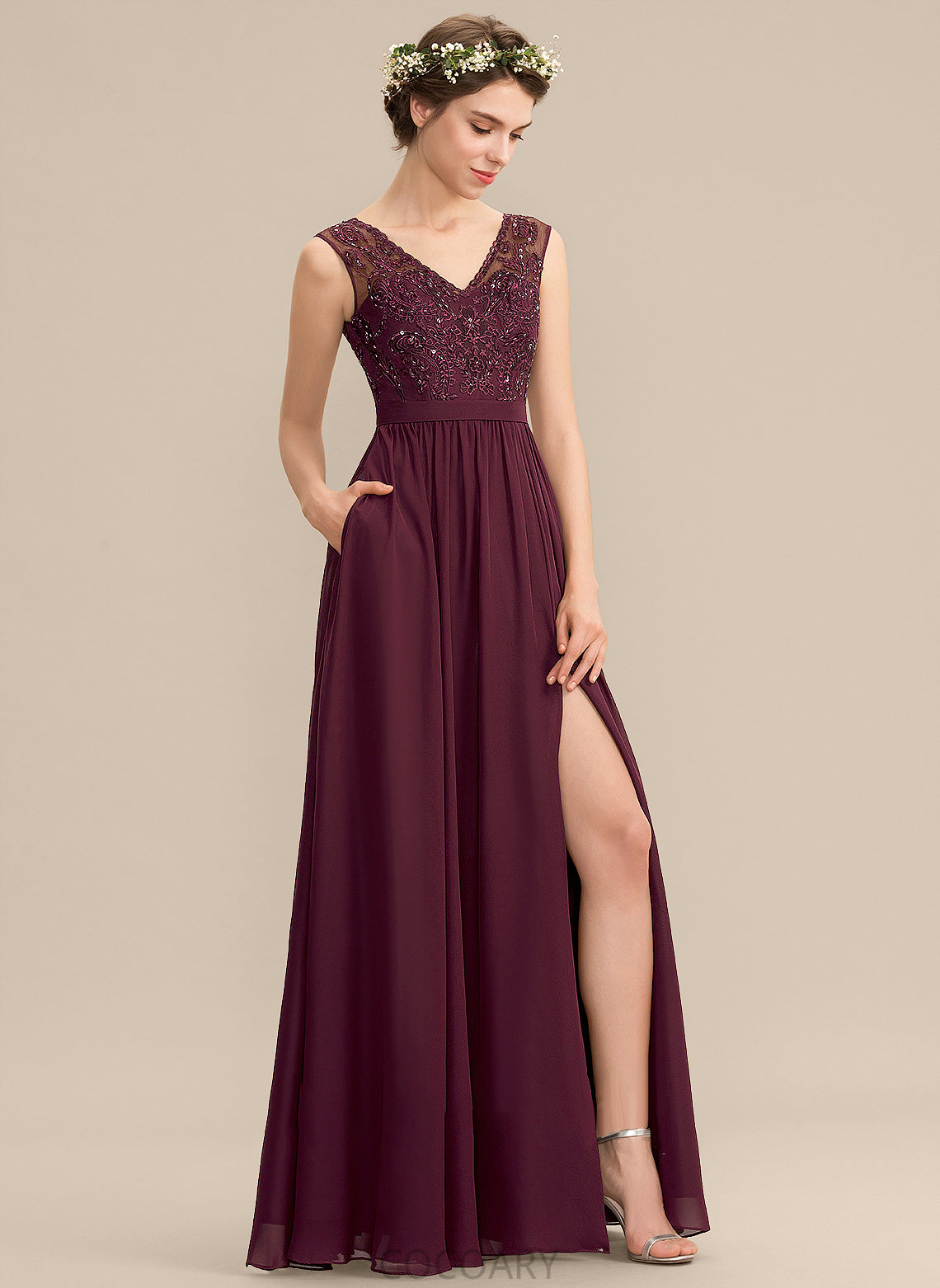 Neckline Silhouette Sequins SplitFront Pockets Fabric A-Line Embellishment Length V-neck Beading Floor-Length Bridesmaid Dresses