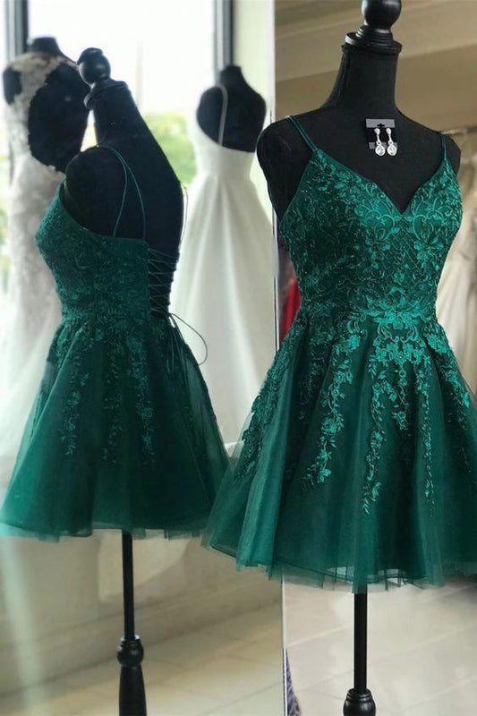 Peacock Lace Appliques Homecoming Dresses A-line V-neck Short Prom Dresses