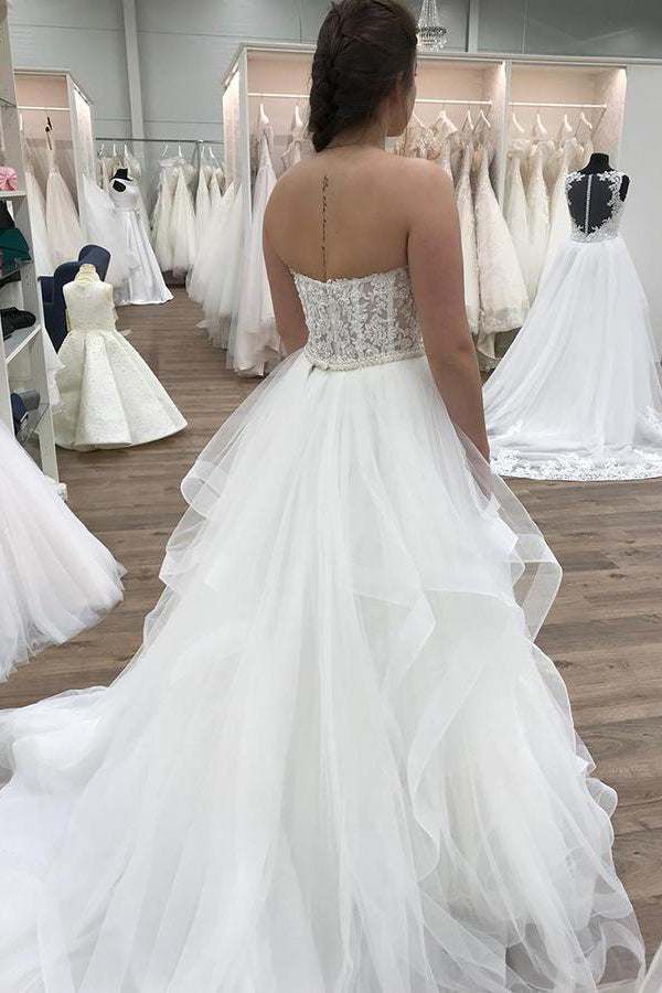 Chic Strapless Sweetheart Lace Ball Gown Wedding Dresses with Ruffles