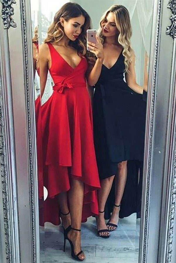 Elegant V Neck Satin High Low With Bowknot Homecoming Dresses