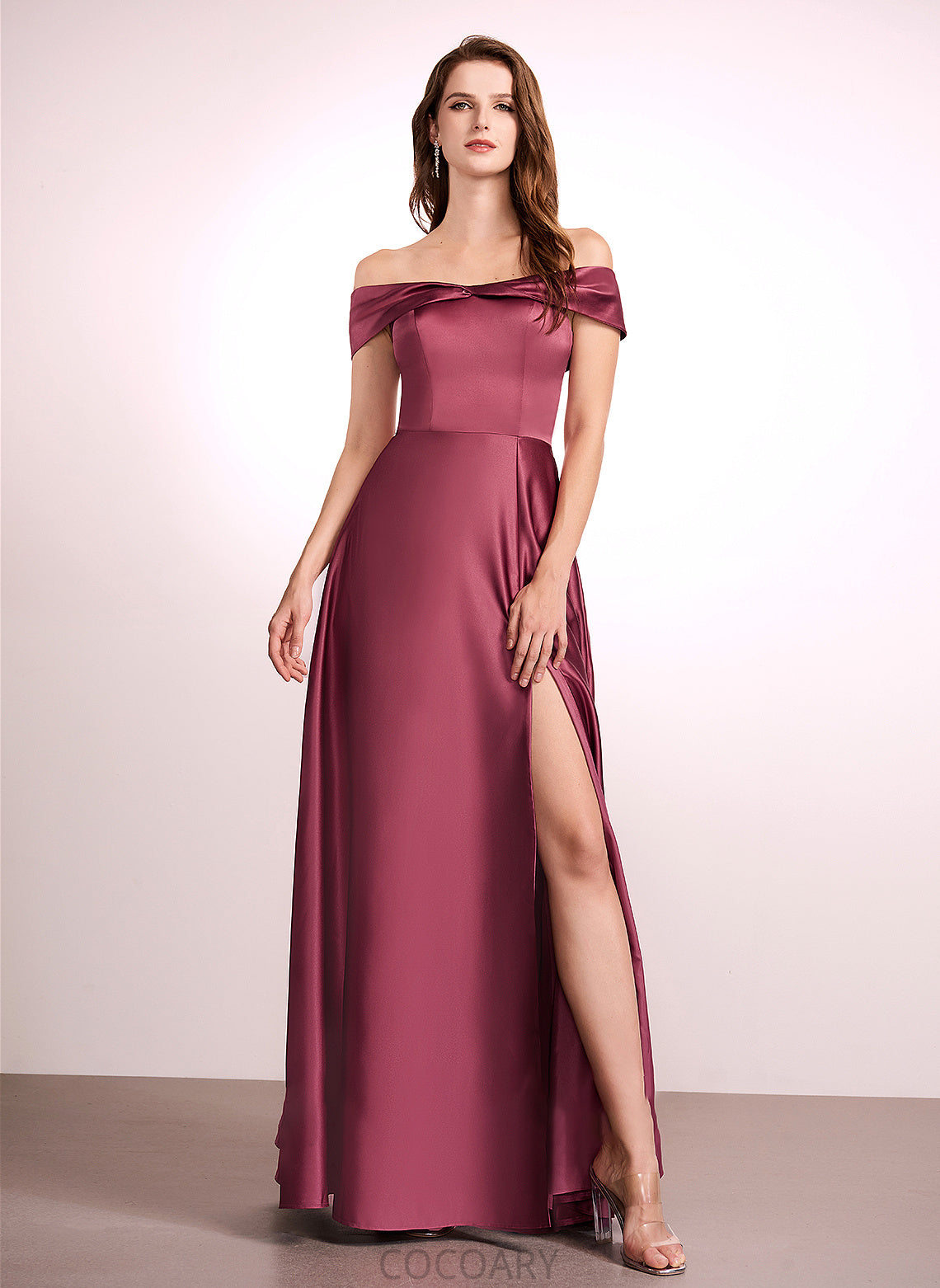 Silhouette Length Neckline Embellishment Fabric A-Line SplitFront Floor-Length Off-the-Shoulder Cecilia Natural Waist A-Line/Princess Bridesmaid Dresses