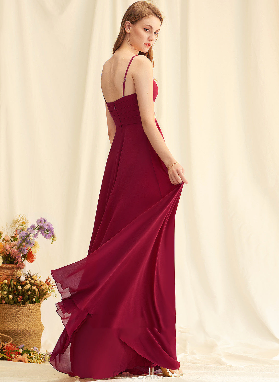 V-neck Length Neckline A-Line Floor-Length Fabric Silhouette Embellishment Ruffle Chasity Spaghetti Staps A-Line/Princess Bridesmaid Dresses