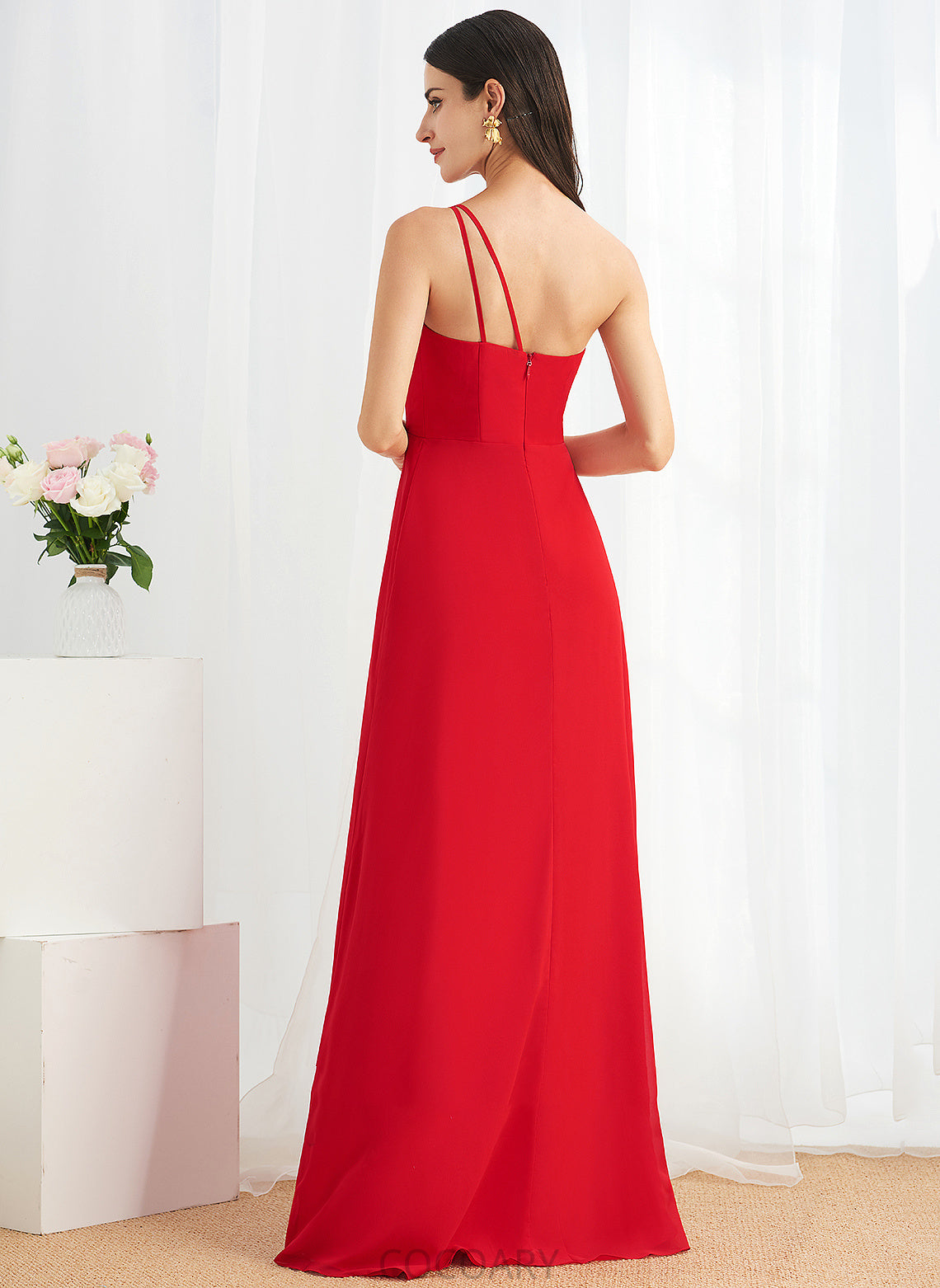 Floor-Length Ruffle Neckline Silhouette Embellishment Length One-Shoulder Fabric SplitFront A-Line Ariel A-Line/Princess Bridesmaid Dresses