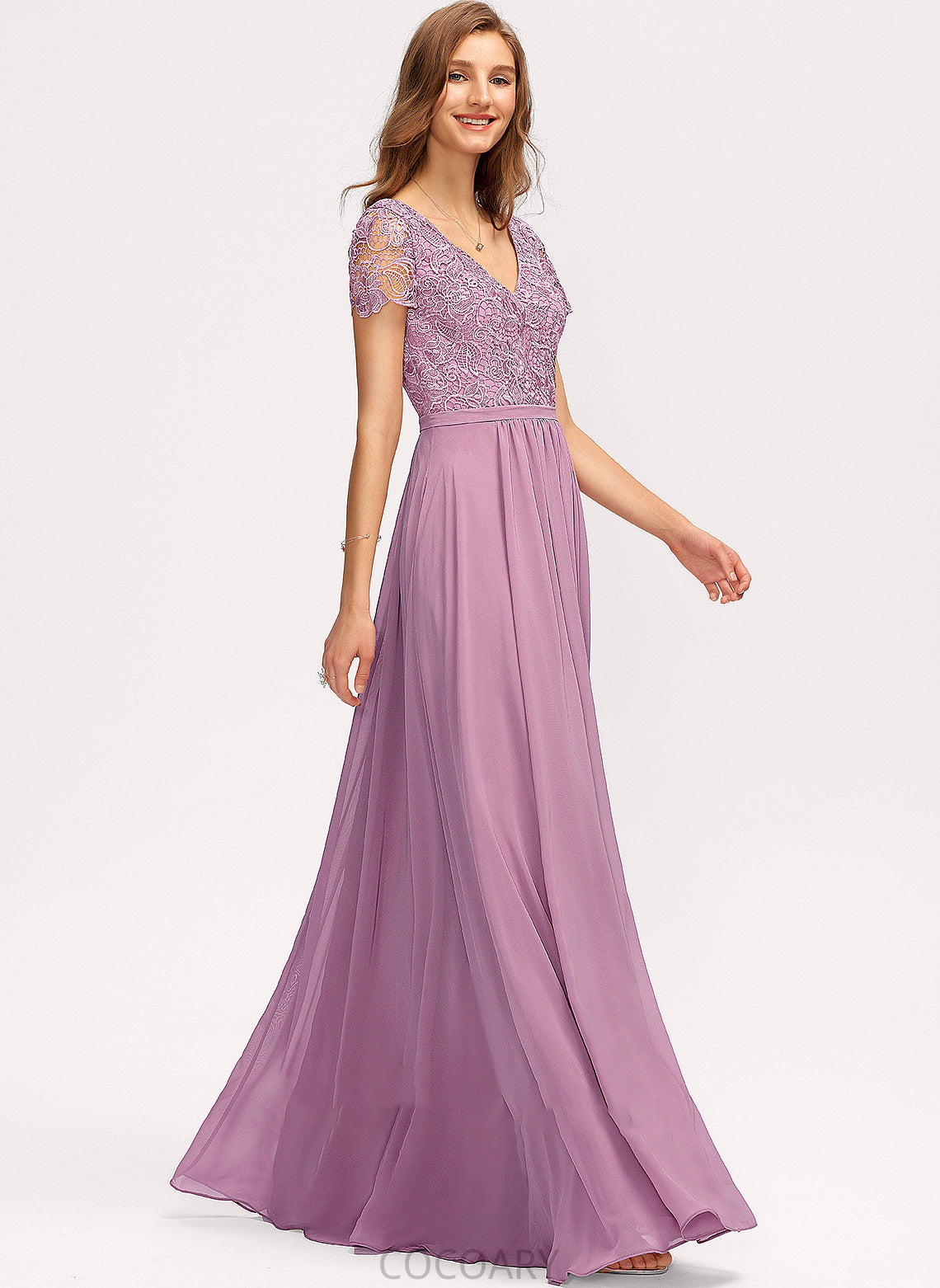 Embellishment Silhouette V-neck Fabric Neckline SplitFront Length A-Line Floor-Length Carley Spaghetti Staps Natural Waist Bridesmaid Dresses