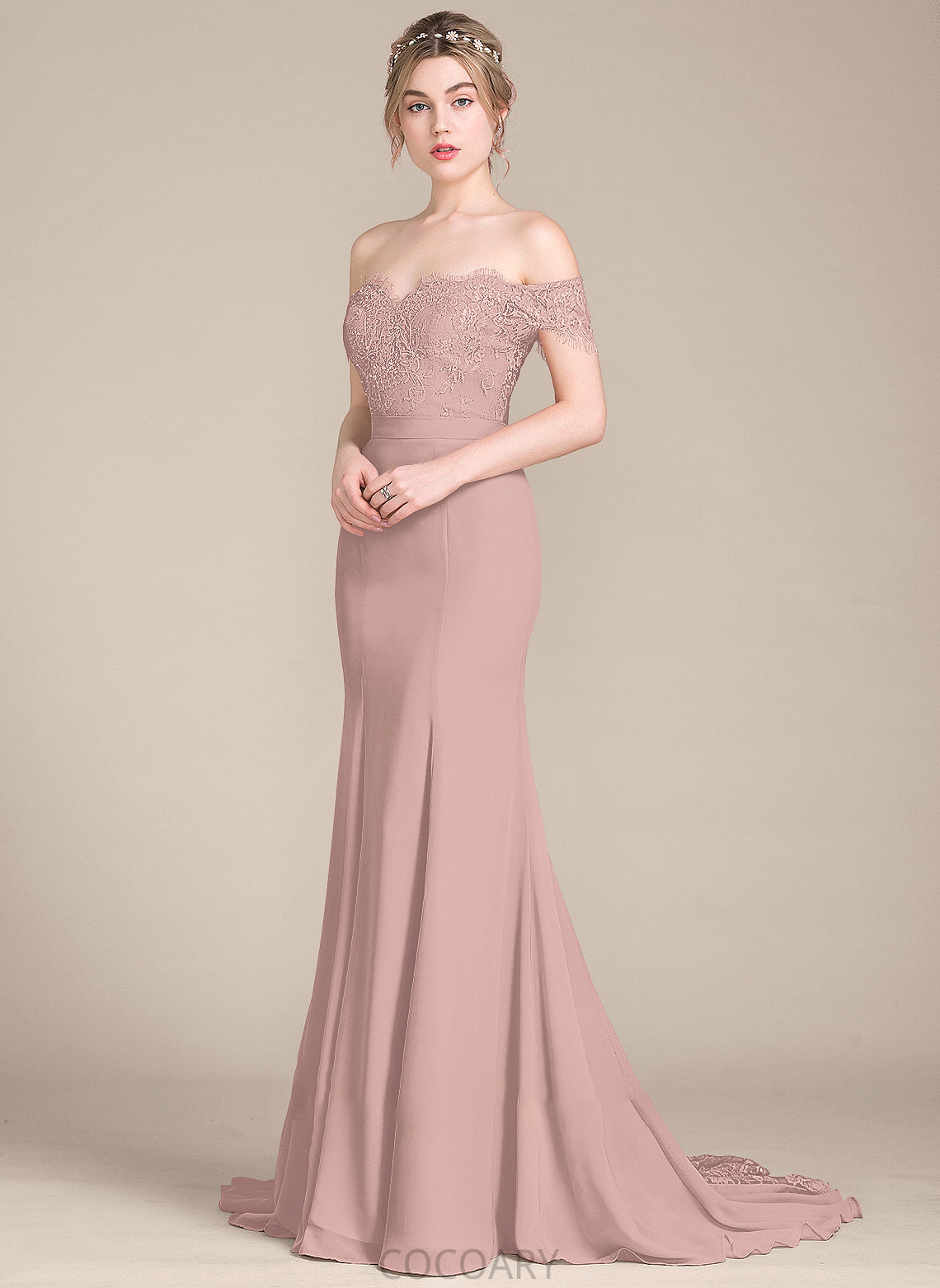 Silhouette Embellishment Trumpet/Mermaid Off-the-Shoulder Neckline Fabric Sequins CourtTrain Length Jolie Floor Length Natural Waist Bridesmaid Dresses