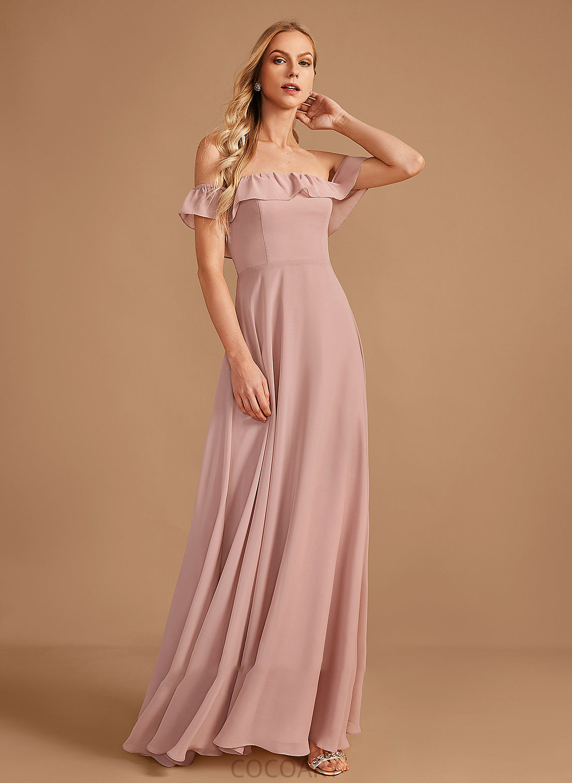 Length A-Line Ruffle Floor-Length Off-the-Shoulder Embellishment Fabric Silhouette Neckline Samantha Floor Length Natural Waist Bridesmaid Dresses