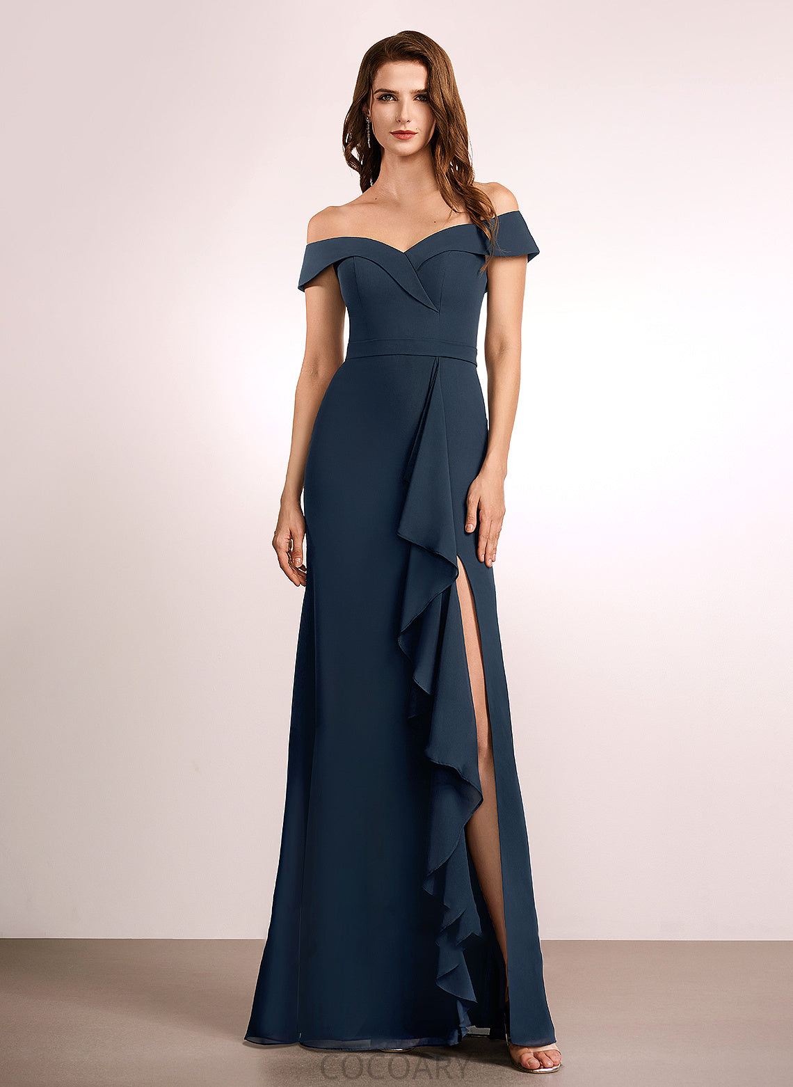 Fabric Floor-Length Length Off-the-Shoulder Ruffle Embellishment Neckline Silhouette A-Line Mira A-Line/Princess Sleeveless Bridesmaid Dresses