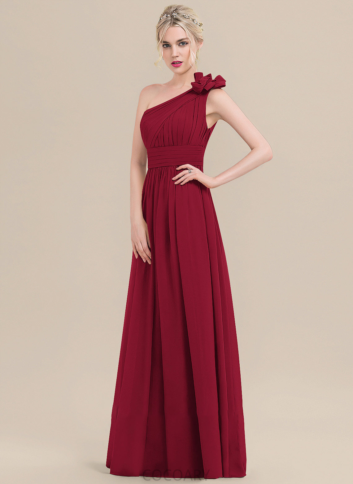 One-Shoulder Neckline Ruffle Floor-Length Flower(s) Length Fabric A-Line Embellishment Silhouette Willa A-Line/Princess Bridesmaid Dresses