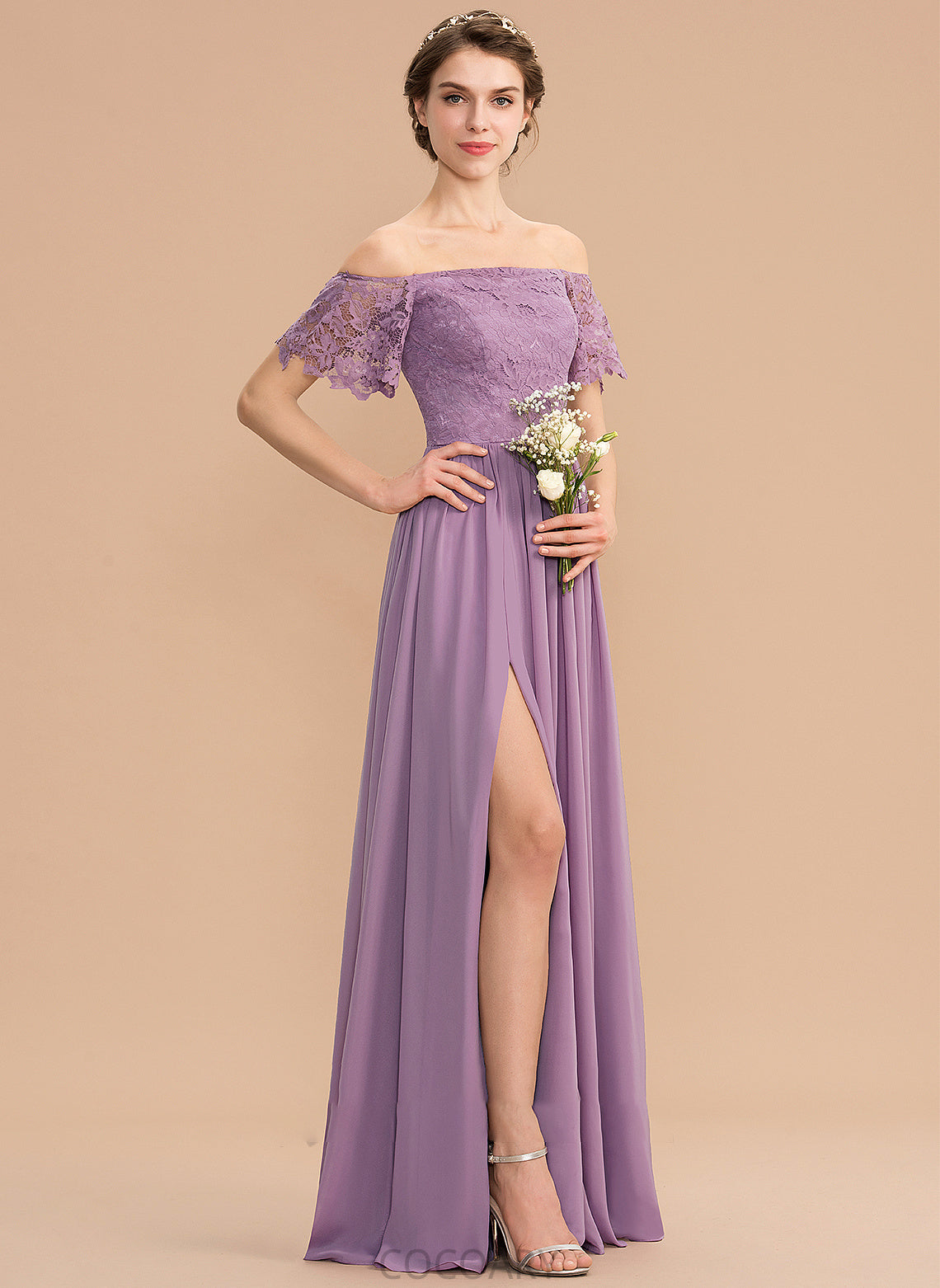 Length SplitFront Floor-Length A-Line Neckline Fabric Off-the-Shoulder Embellishment Silhouette Yasmine Floor Length A-Line/Princess Bridesmaid Dresses