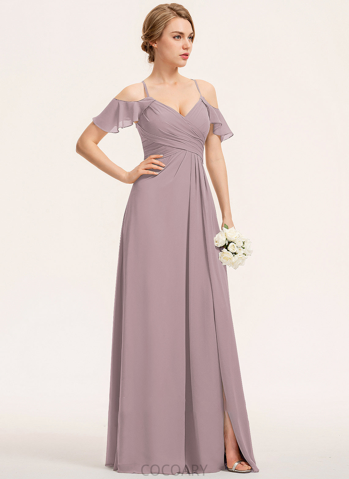 Silhouette A-Line Neckline CascadingRuffles Ruffle Fabric Length V-neck Embellishment Floor-Length SplitFront Susan Bridesmaid Dresses