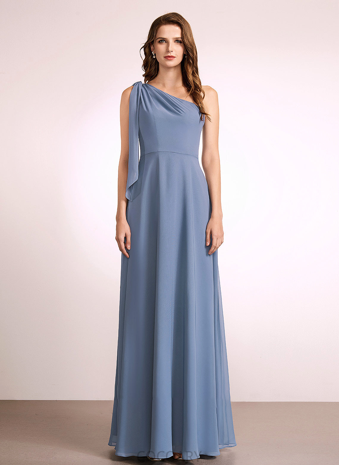 Fabric Floor-Length One-Shoulder Silhouette Embellishment Bow(s) Length Neckline A-Line Michaela A-Line/Princess Natural Waist Bridesmaid Dresses