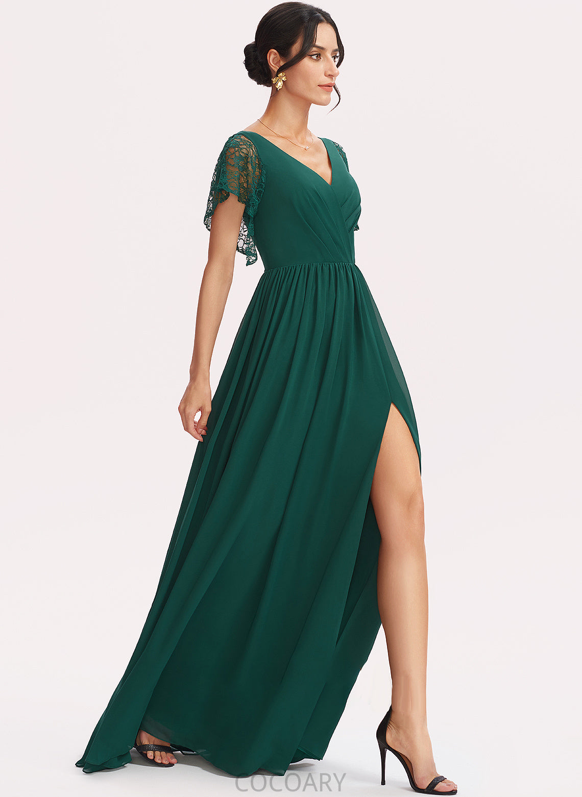 Embellishment Floor-Length Length A-Line Fabric Silhouette SplitFront V-neck Neckline Lace Delaney Sleeveless Bridesmaid Dresses