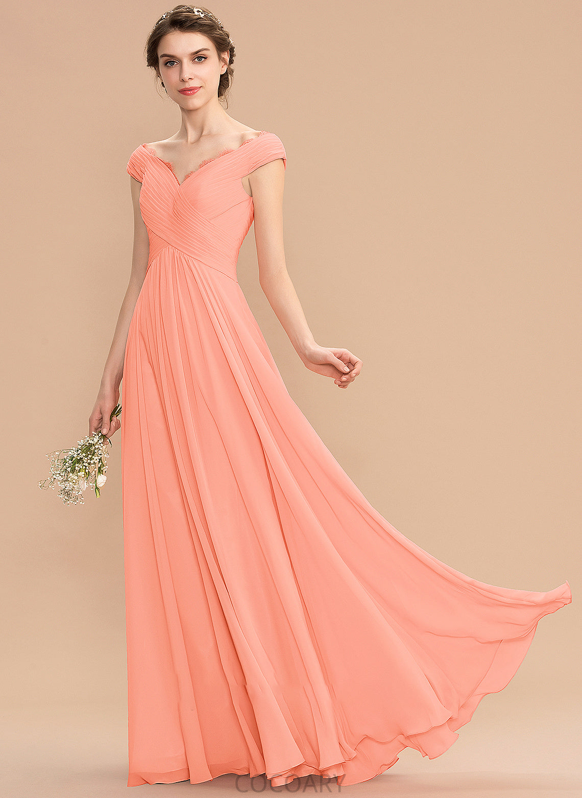 A-Line Lace Embellishment Ruffle Silhouette Floor-Length Off-the-Shoulder Neckline Fabric Length Keyla Sleeveless Bridesmaid Dresses