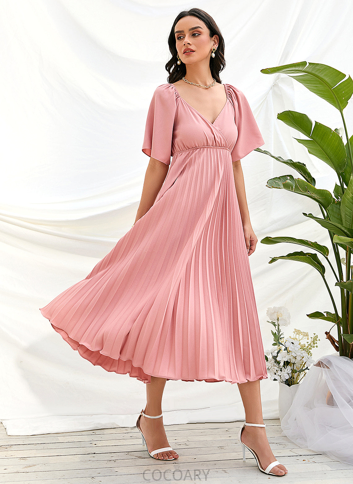 Length Tea-Length A-Line Fabric Embellishment V-neck Pleated Neckline Silhouette Janey Floor Length V-Neck Bridesmaid Dresses