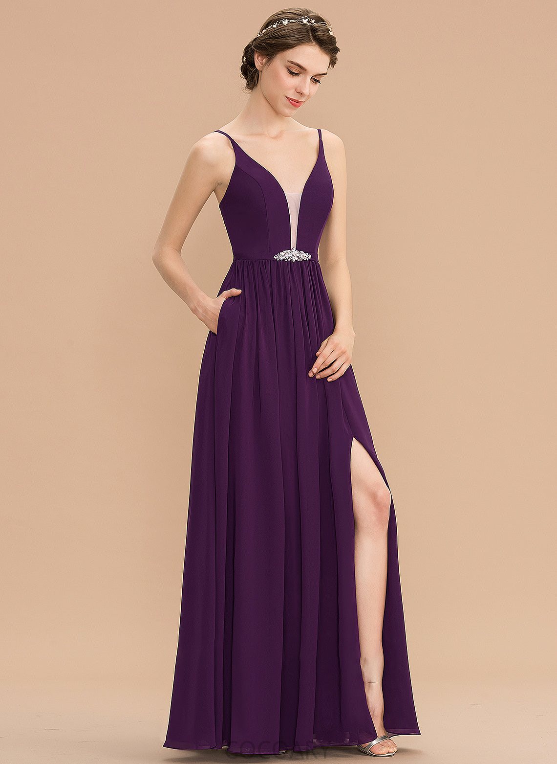 SplitFront A-Line Neckline V-neck Pockets Silhouette Floor-Length Length Fabric Embellishment Sequins Beading Bridesmaid Dresses