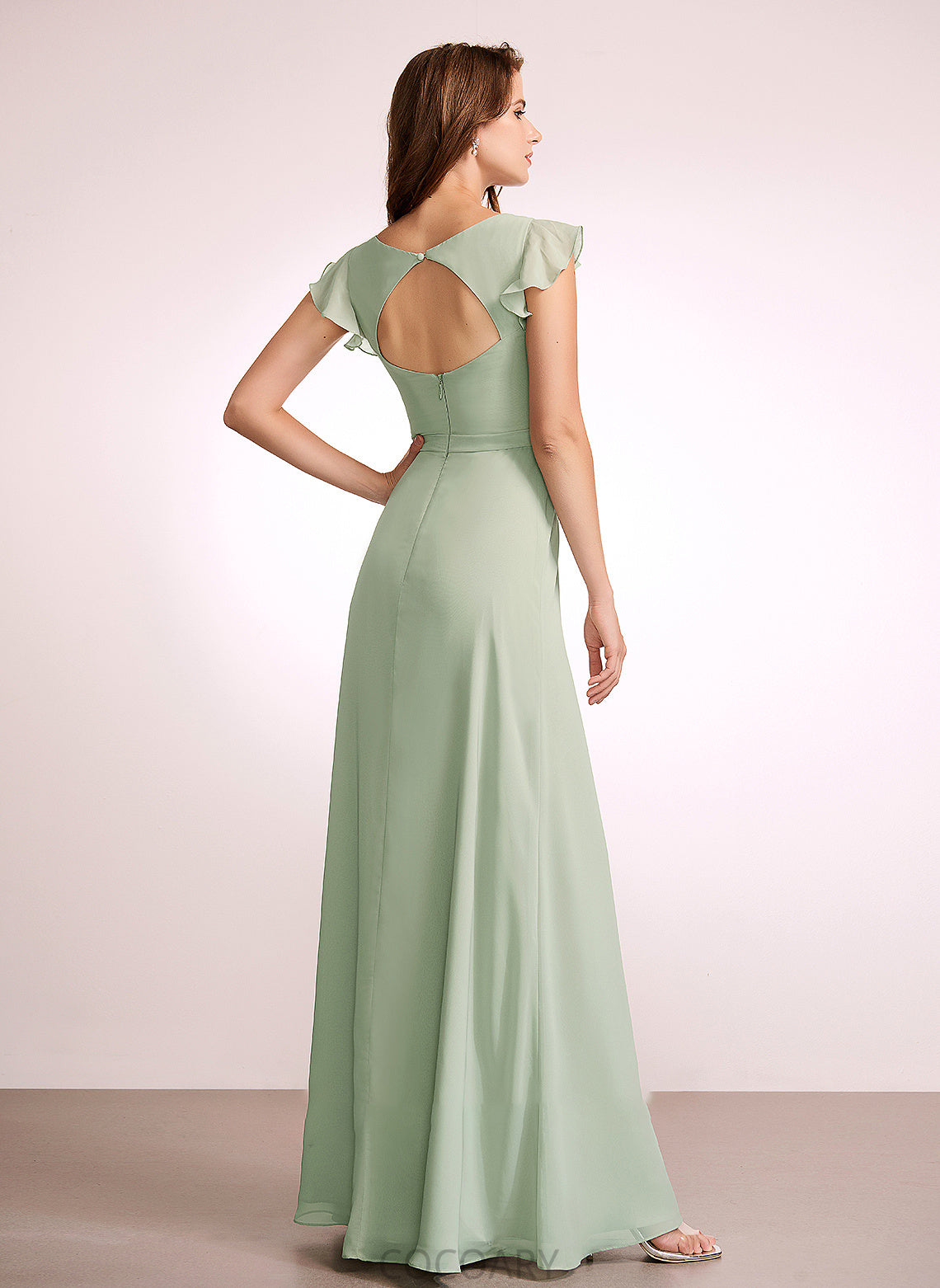 Fabric Neckline V-neck SplitFront Embellishment Silhouette A-Line Length Floor-Length Alicia Natural Waist Sleeveless Bridesmaid Dresses