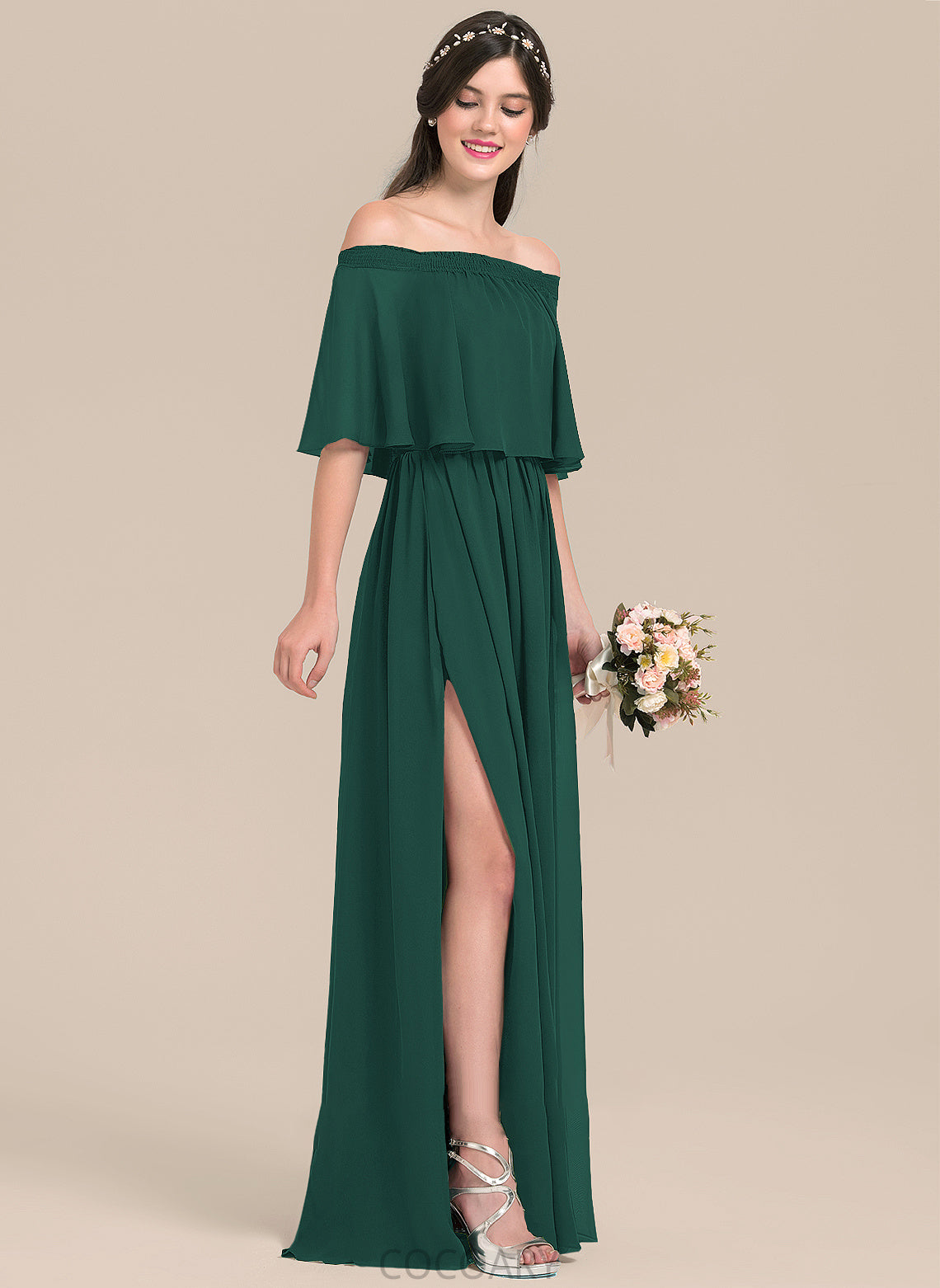 Length Floor-Length A-Line Embellishment Neckline Off-the-Shoulder Fabric SplitFront Silhouette Gladys A-Line/Princess Sleeveless Bridesmaid Dresses