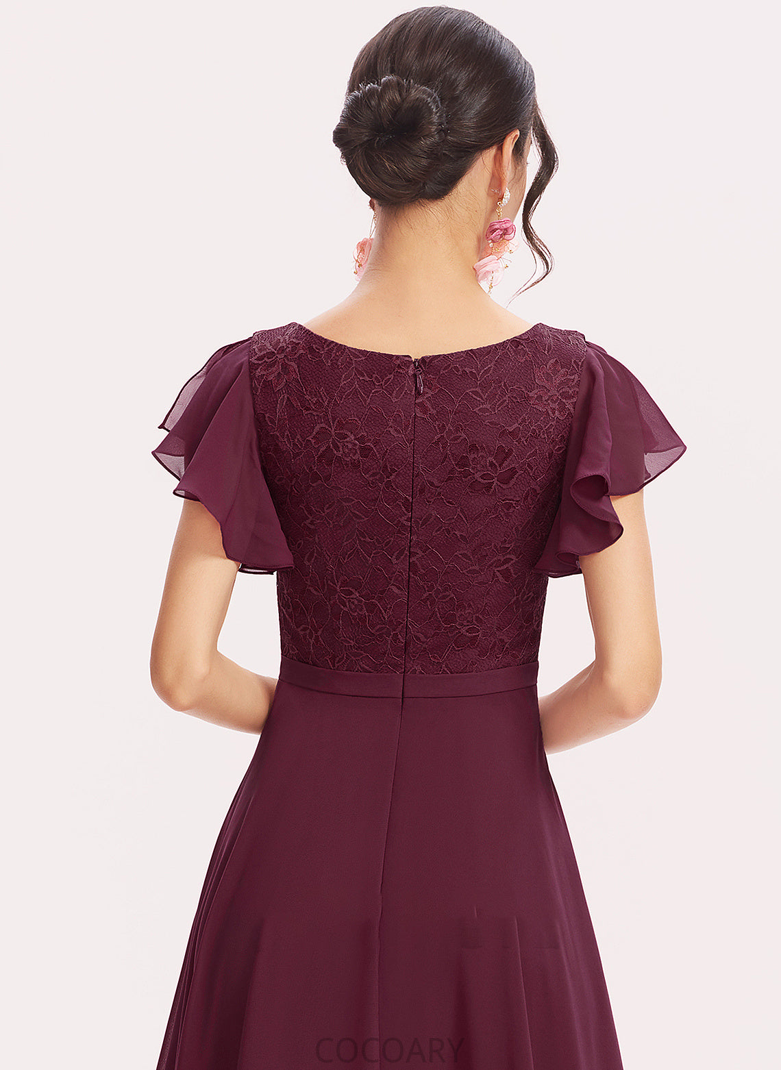 Length Fabric A-Line Silhouette Neckline Asymmetrical CascadingRuffles Lace V-neck Embellishment Scarlet Natural Waist Bridesmaid Dresses