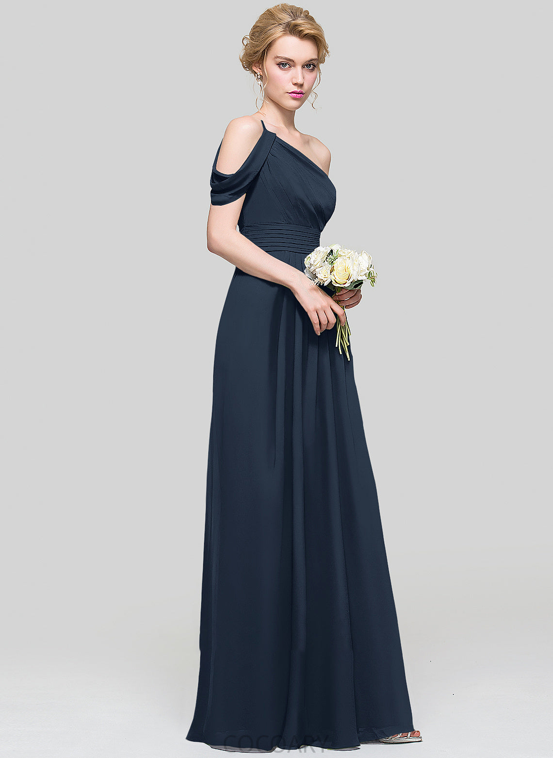 A-Line Floor-Length Ruffle Fabric Length Embellishment One-Shoulder Neckline Silhouette Nathaly Empire Waist Spaghetti Staps Bridesmaid Dresses