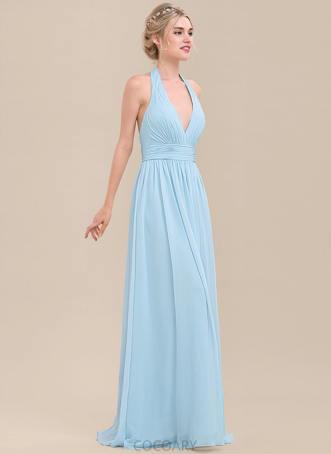 A-Line Ruffle Floor-Length Embellishment Fabric Neckline Halter Silhouette Length Adrianna Natural Waist Sleeveless Bridesmaid Dresses