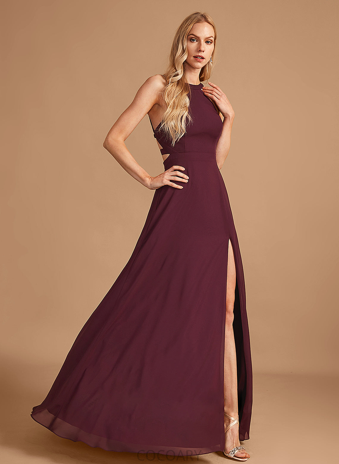 Fabric HighNeck SplitFront Length Embellishment Silhouette Floor-Length A-Line Neckline Elsie Empire Waist V-Neck Bridesmaid Dresses