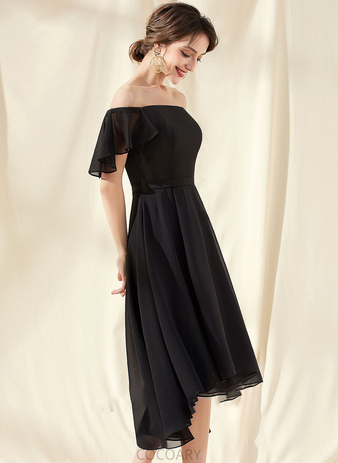 Asymmetrical Length Neckline Silhouette Embellishment Off-the-Shoulder A-Line Fabric CascadingRuffles Dahlia V-Neck Sheath/Column Bridesmaid Dresses