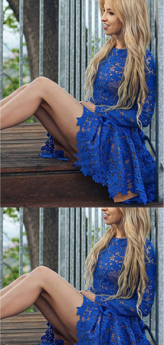 Simple Round Neck With Lace Appliques Long Sleeves Homecoming Dresses