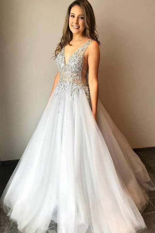 V-neck Beaded Tulle Formal Party Dresses A Line Gray Long Prom Dresses