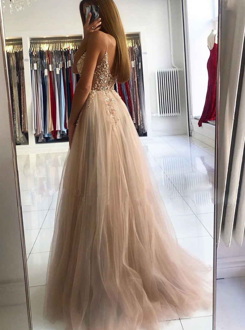 Champagne V Neck Lace Beads A Line Long Prom Dresses