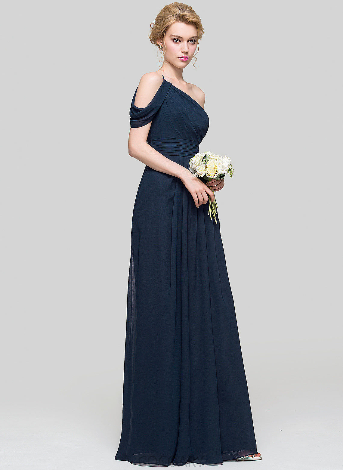 A-Line Floor-Length Ruffle Fabric Length Embellishment One-Shoulder Neckline Silhouette Nathaly Empire Waist Spaghetti Staps Bridesmaid Dresses