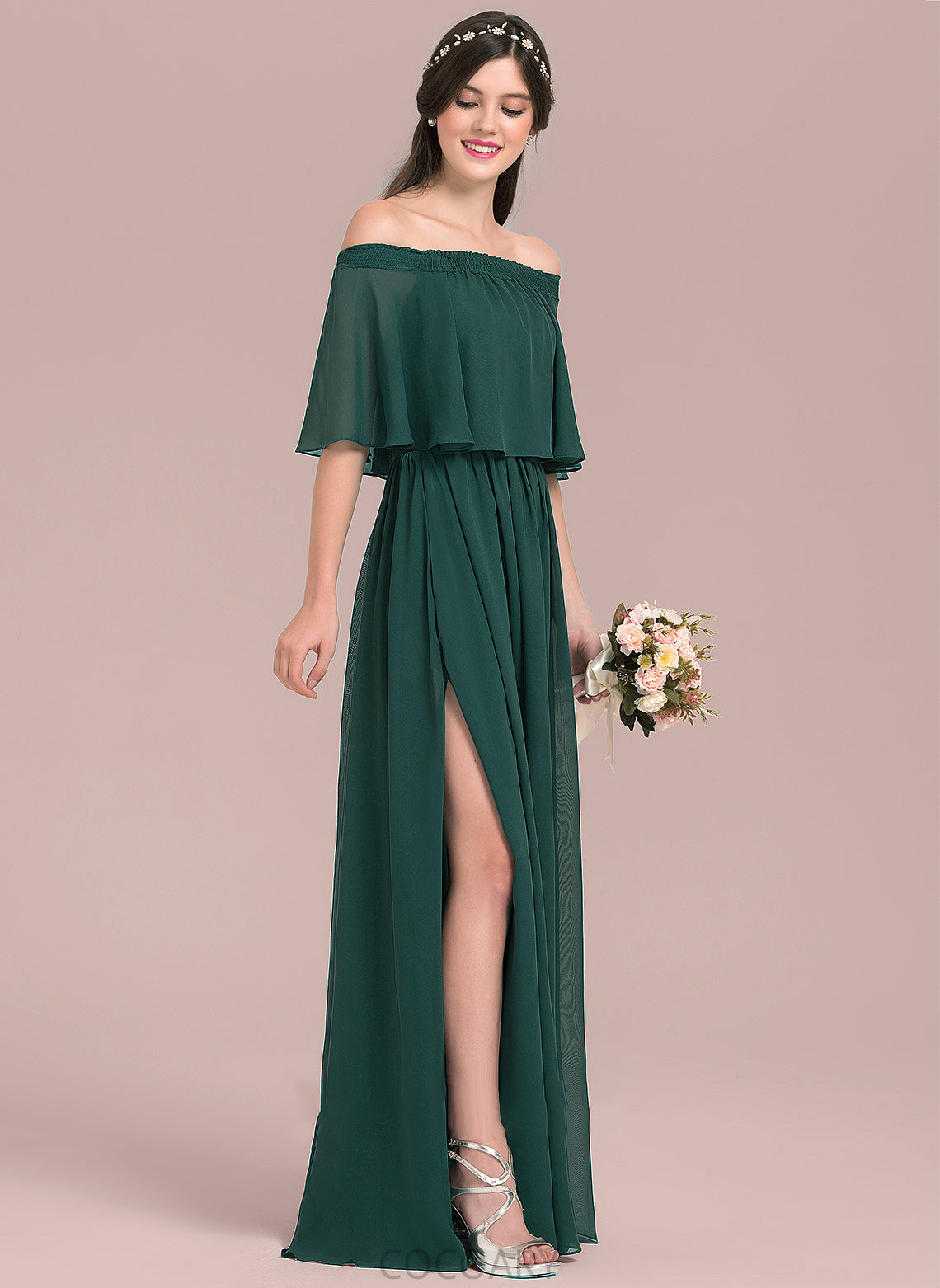 Floor-Length Off-the-Shoulder A-Line Embellishment Fabric Length Neckline SplitFront Silhouette Nellie A-Line/Princess Floor Length Bridesmaid Dresses