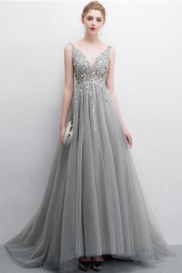 Gray A Line Tulle V Neck Sequin Long Prom Dresses