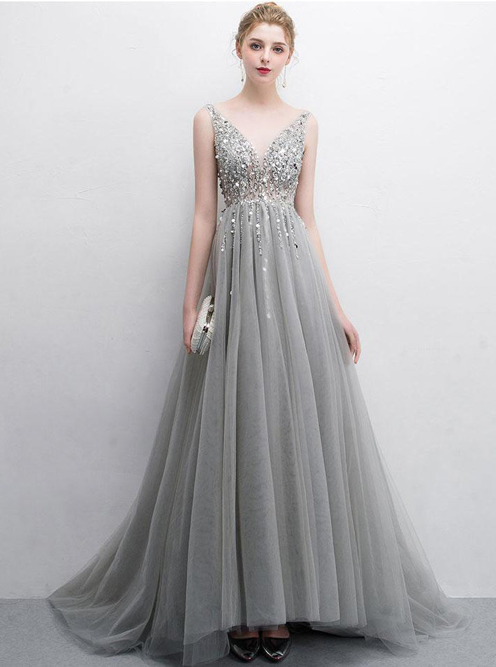 Gray A Line Tulle V Neck Sequin Long Prom Dresses