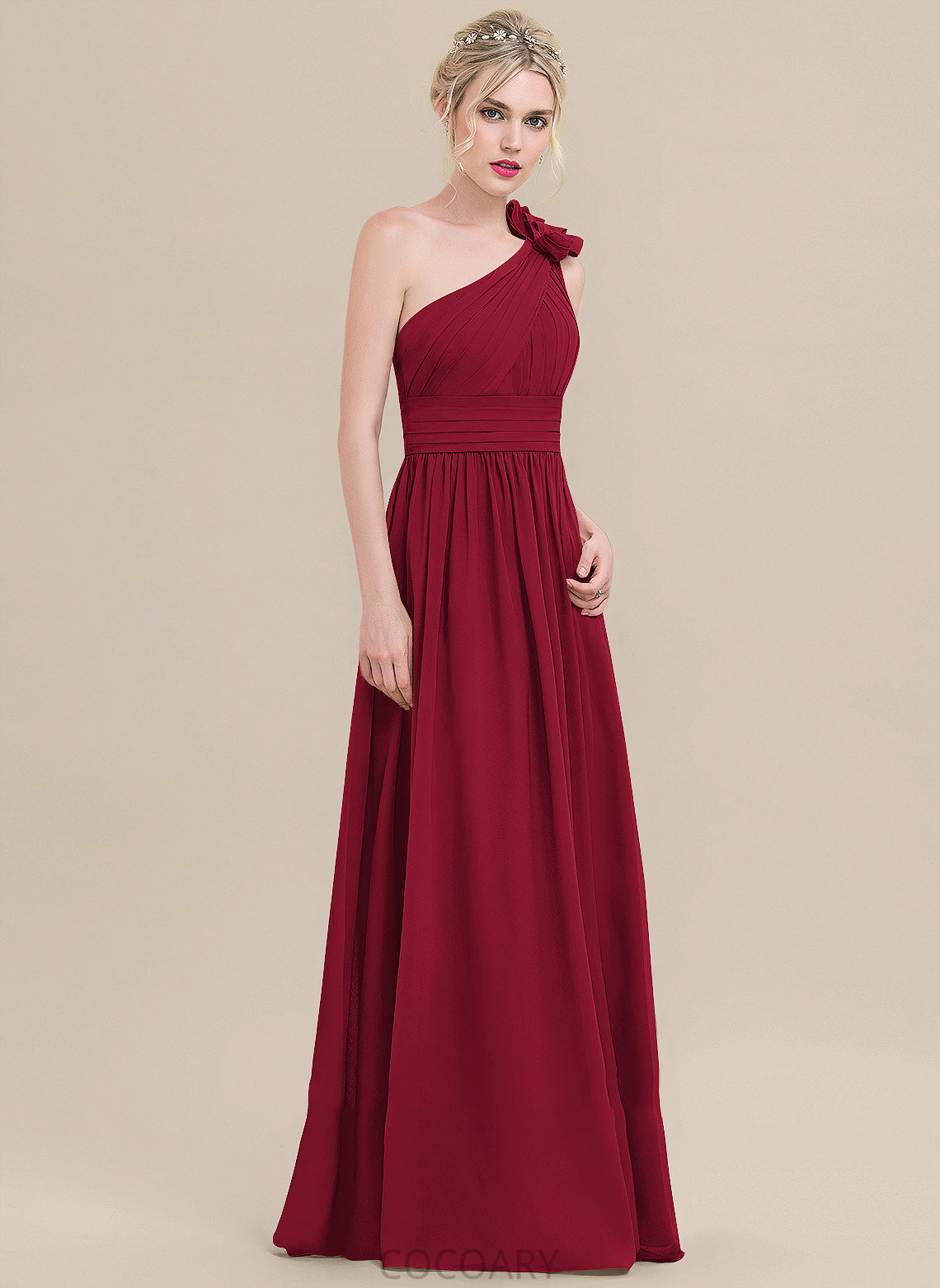 Silhouette Neckline Flower(s) Floor-Length Embellishment Ruffle A-Line Fabric One-Shoulder Length Alisson Natural Waist Bridesmaid Dresses