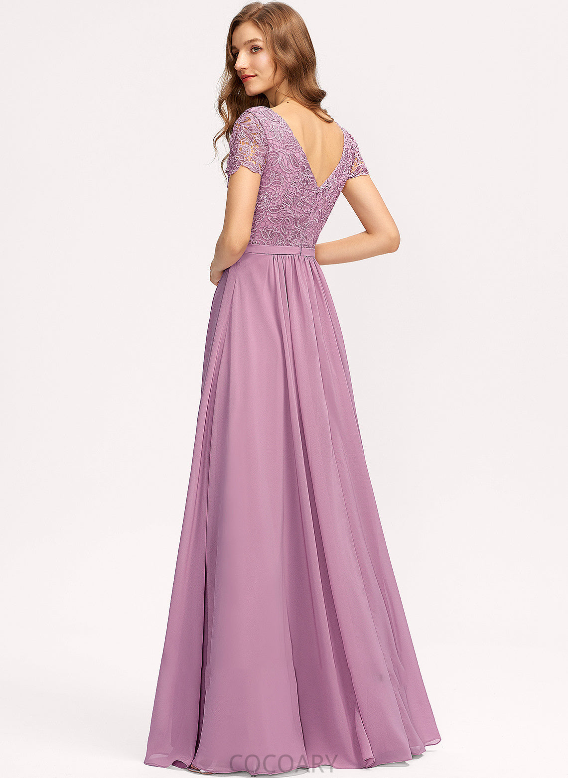 Embellishment Silhouette V-neck Fabric Neckline SplitFront Length A-Line Floor-Length Carley Spaghetti Staps Natural Waist Bridesmaid Dresses